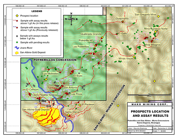 Prospect locations and assay results potrerillos and san albino murra 30k Sept 4, 2020